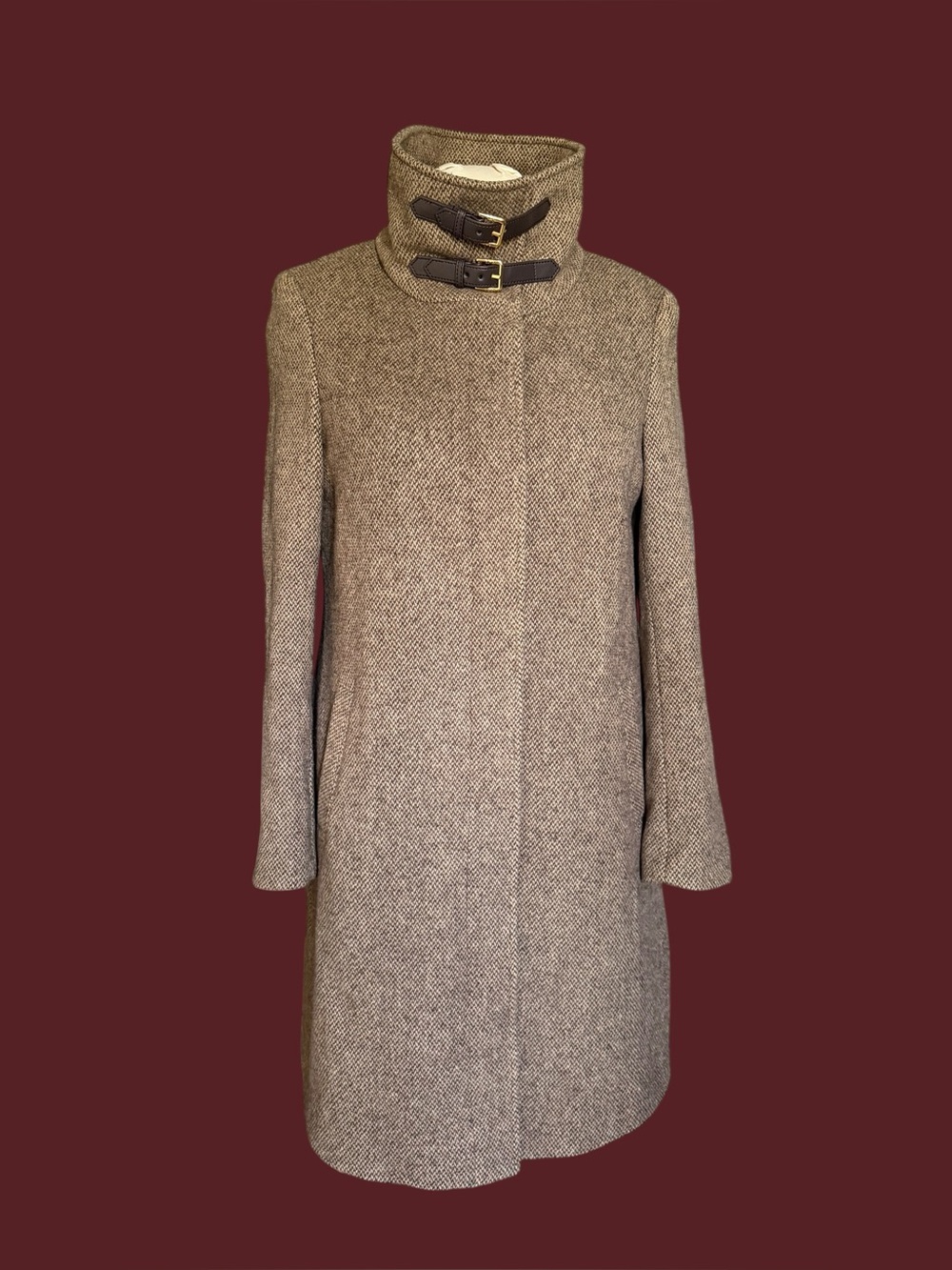 Lauren Ralph Lauren Wool Tweed Herringbone Coat Stand Collar Buckle Detail Sz 10